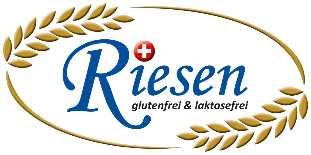 Logo mit dem Wort Riesen, Schweizer Flagge, Weizen und dem Text glutenfrei & laktosefrei.